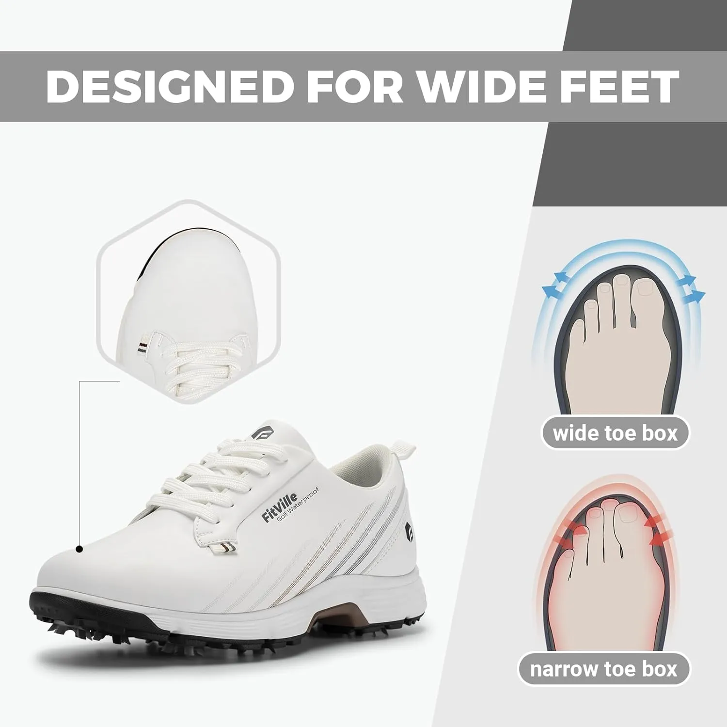 FitVille Wide Mens Golf Shoes Waterproof Lightweight Golf Shoes Men Spiked Extra Cushioning for Flat Feet Arch Support Heel Pain Relief