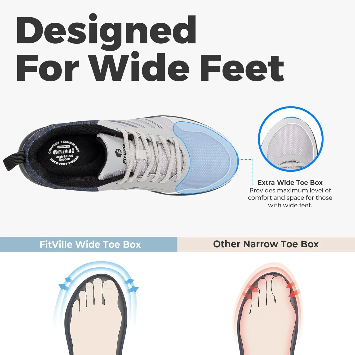 FitVille Wide Toe Box Sneakers for Men - Lightweight, Breathable Running Shoes for Diabetic Men, Flat Feet, Heel Pain & Plantar Fasciitis Relief