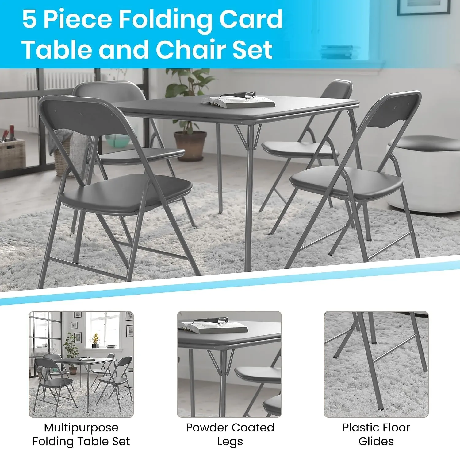 Flash Furniture Madison 5-Piece Folding Card Table and Chairs Set, Portable Event Table and Chairs Set for Indoor and Outdoor Gatherings, Gray