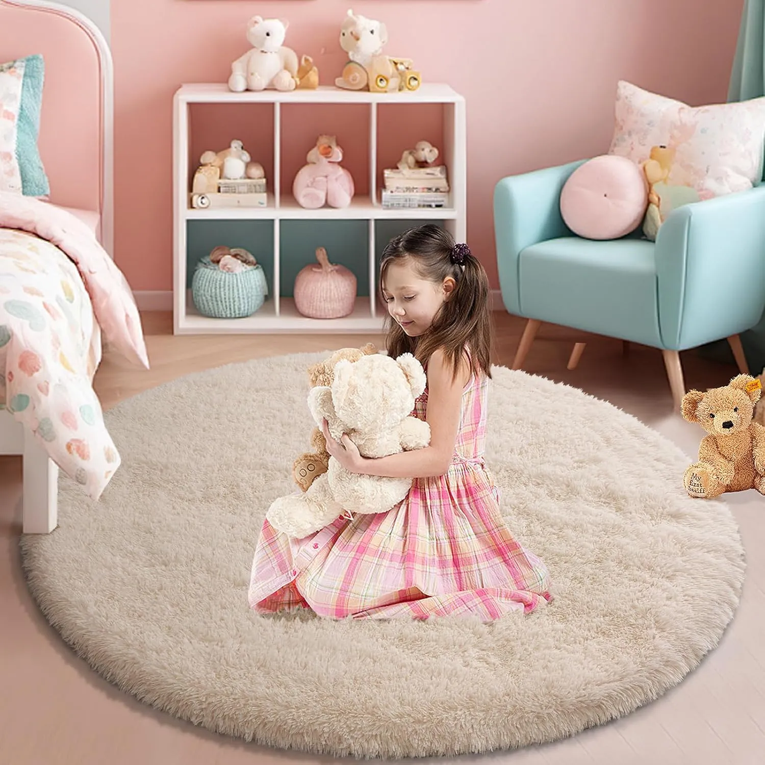 Fluffy Round Area Rugs for Bedroom,3'X3'Shag Circle Area Rugs for Girls Room,Non Slip Fuzzy Plush Rug for Kids Room Living Room and Dorm Home Decor Rug