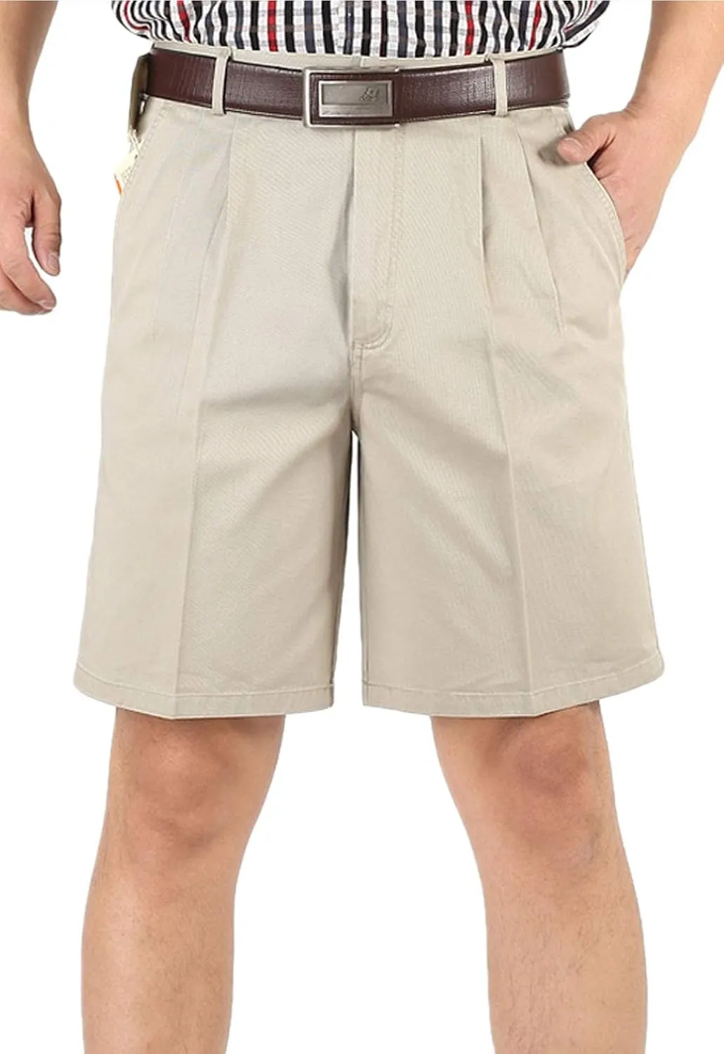 Flygo Men's Classic Fit 7'' Inseam Chino Oxford Shorts Pleated Flat Golf Shorts