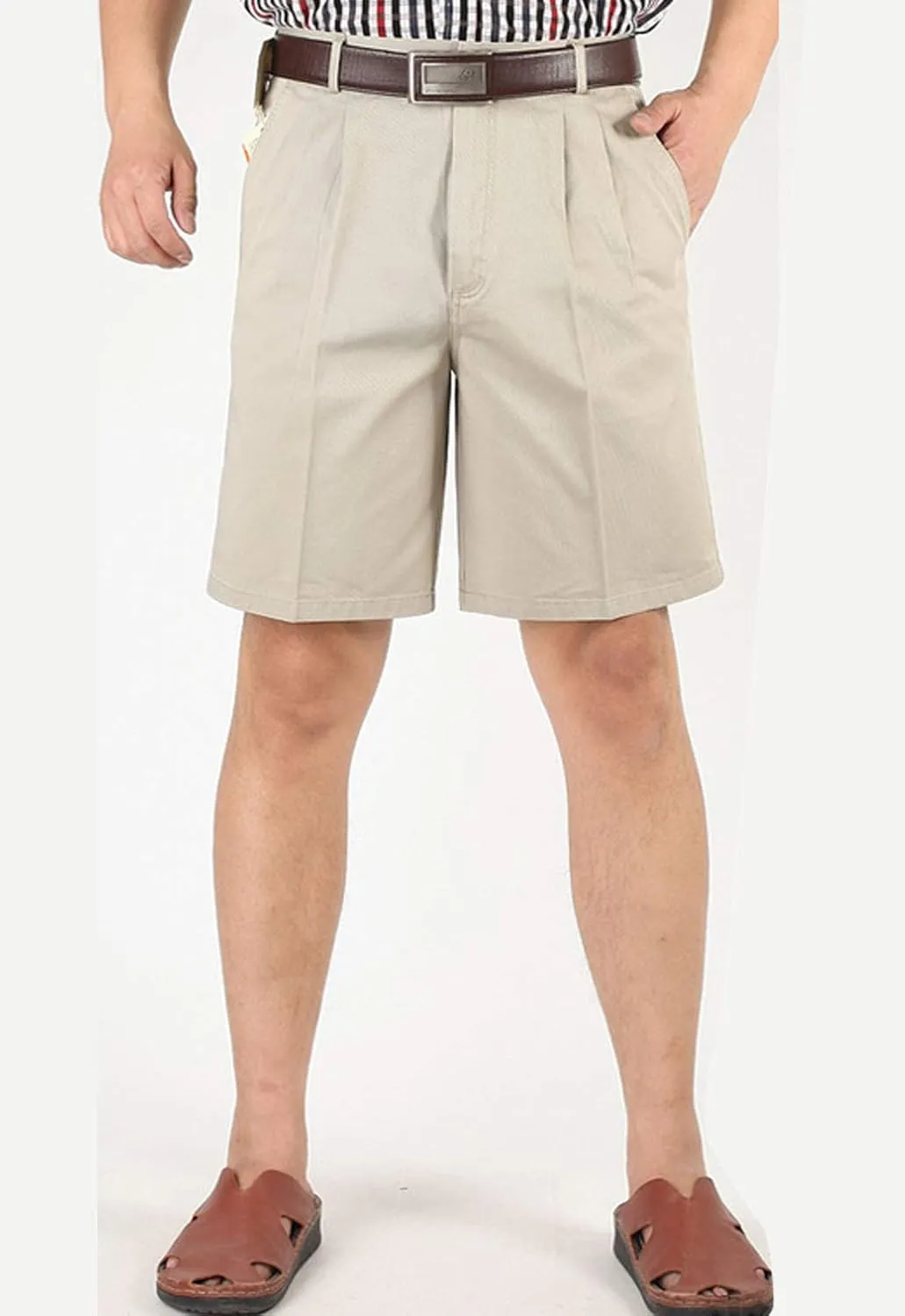 Flygo Men's Classic Fit 7'' Inseam Chino Oxford Shorts Pleated Flat Golf Shorts