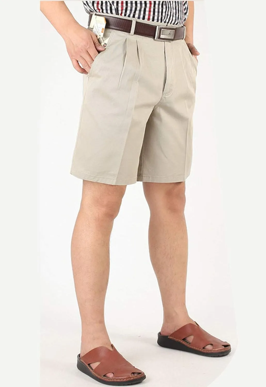 Flygo Men's Classic Fit 7'' Inseam Chino Oxford Shorts Pleated Flat Golf Shorts
