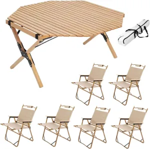 Foldable Camping Table with 6 Chair, Portable Picnic Table and Chairs, Roll-up Table Top Outdoor BBQ Table Folding Table Ultralight Lawn Chair for Garden Patio, Wood Color, Beige