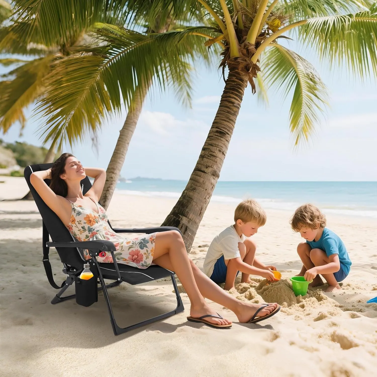 Folding Beach Chair for Adults, Folding Chaise Lounge, Portable Outdoor Camping Recliner, High Back Beach Chairs with Hard Armrest, Sun Lounger for Patio, Garden, 330lb Capacity