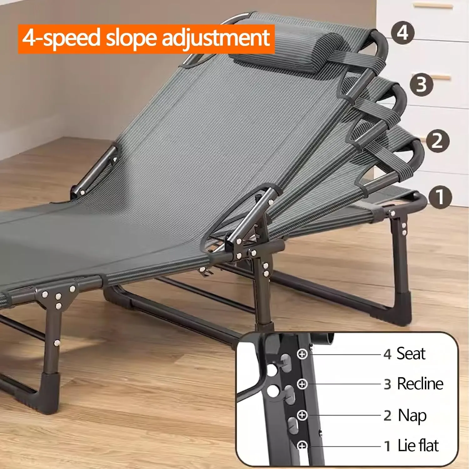 Folding Portable Beds Strong Steel Frame Supports Campers 550lbs, Folding Camping Cots for Adults Backrest Adjustable in 4 Levels, for Camping Tent Office Outdoor Travel Sleep Over(56x172CM)