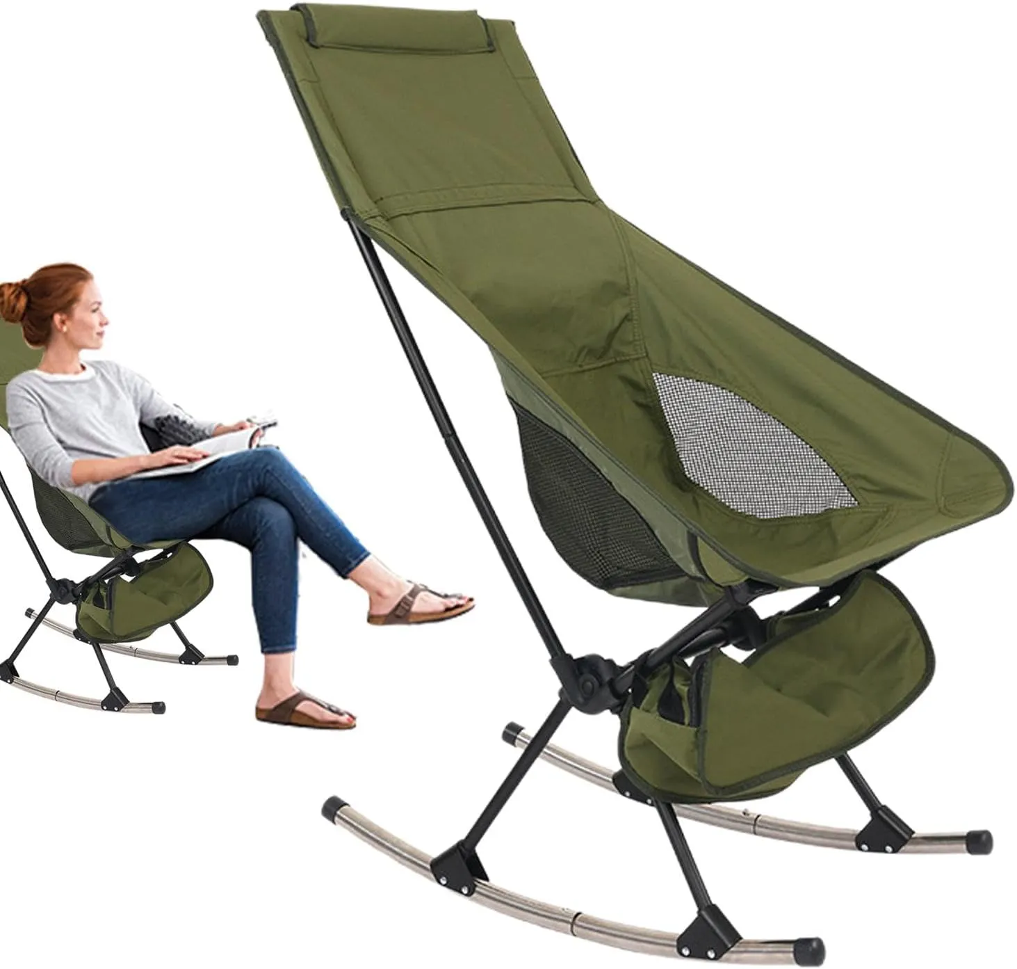 Folding Rocking Chair High Back Support Picnic Chair with Breathable Mesh Back and Oxford Cloth Perfect for Beach Parties.