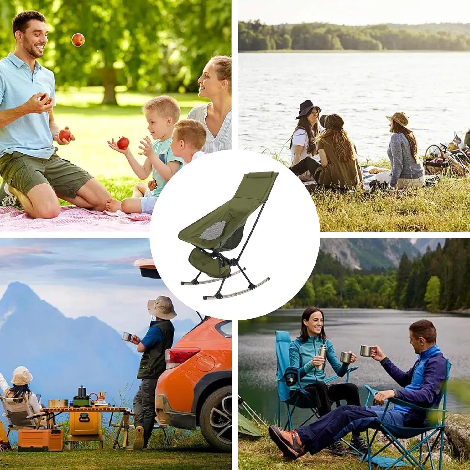 Folding Rocking Chair High Back Support Picnic Chair with Breathable Mesh Back and Oxford Cloth Perfect for Beach Parties.