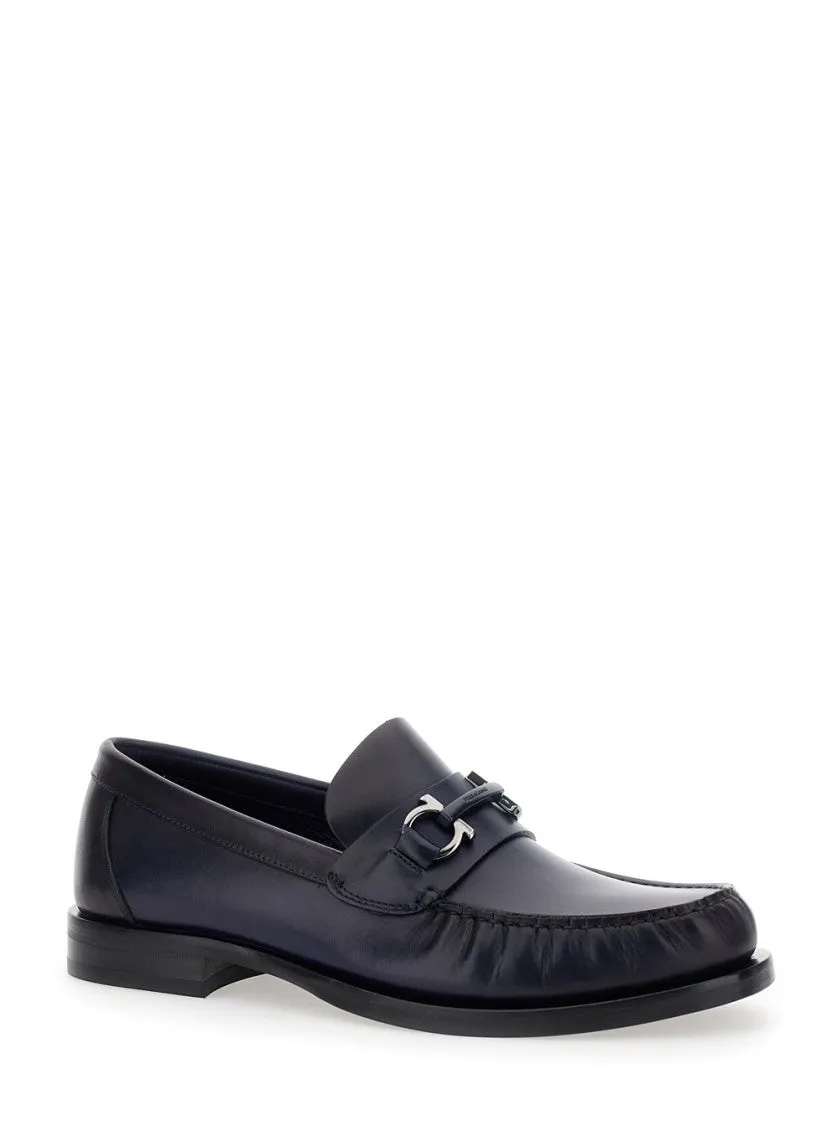 Fort' Blue Slip-On Loafers With Gancini Detail In Brushed Leather