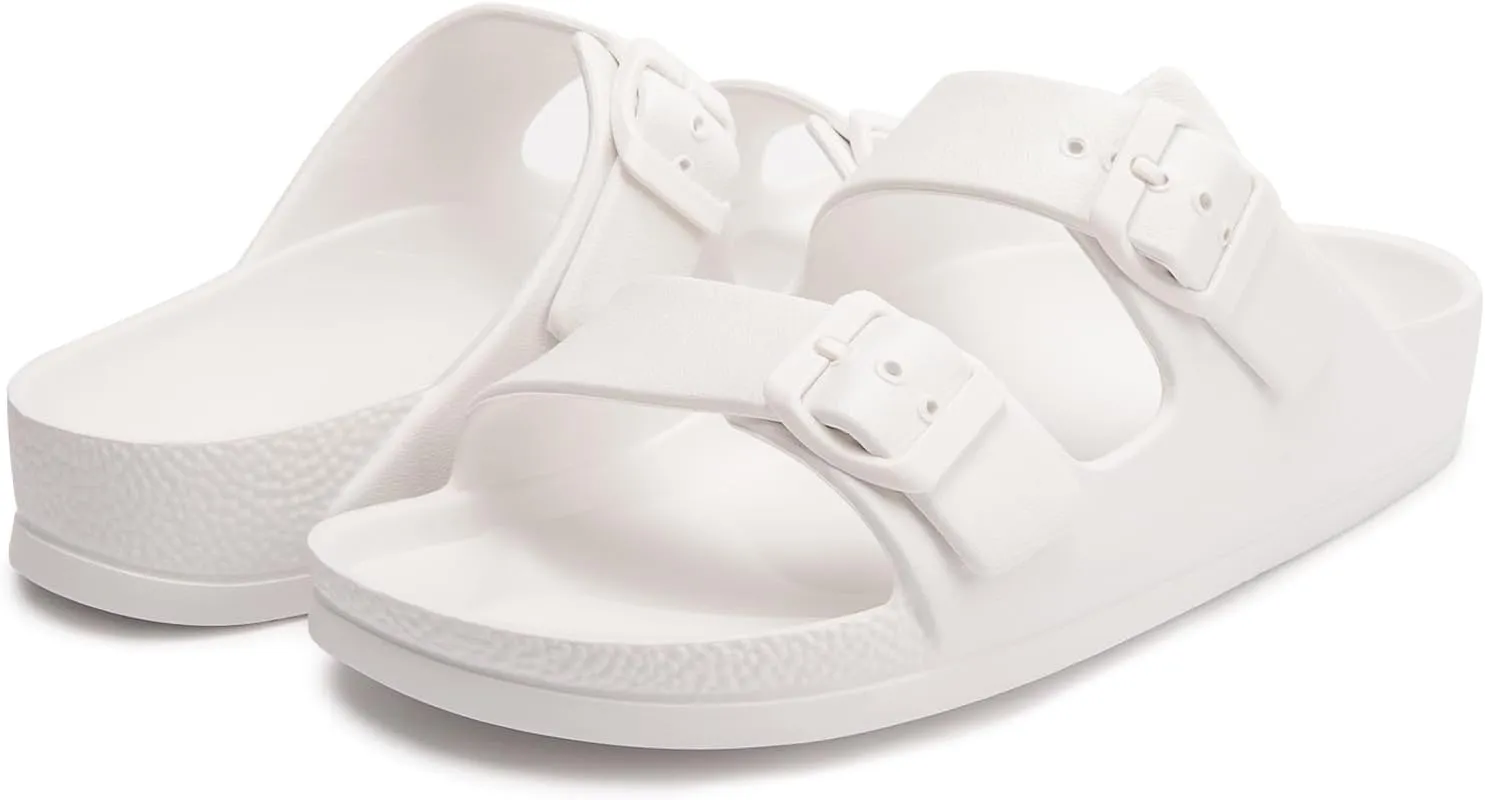 FUNKYMONKEY Women's Comfort Slides Double Buckle Adjustable Plastics Flat Sandals