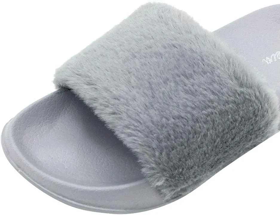FUNKYMONKEY Women's Slides Faux Fur Cute Fuzzy Slippers Comfort Flat Sandals
