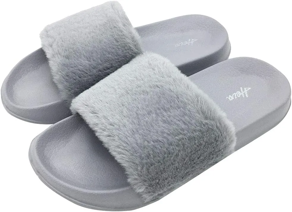 FUNKYMONKEY Women's Slides Faux Fur Cute Fuzzy Slippers Comfort Flat Sandals