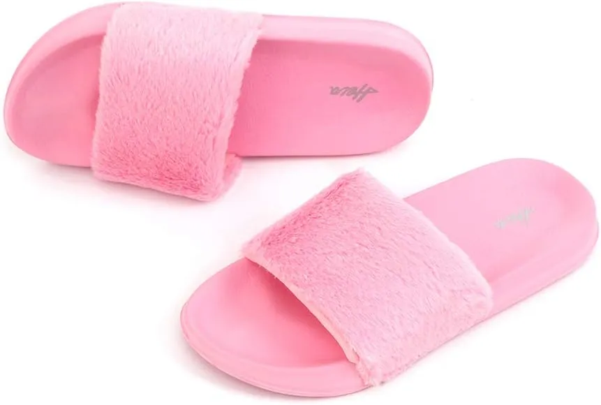 FUNKYMONKEY Women's Slides Faux Fur Cute Fuzzy Slippers Comfort Flat Sandals