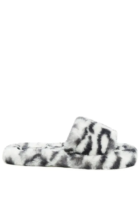 FURRY ZEBRA FLAT SLIDES