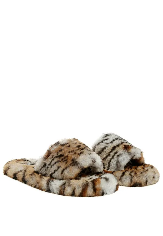 FURRY ZEBRA FLAT SLIDES