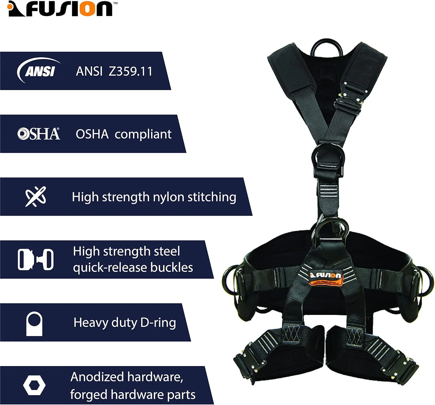 Fusion Climb Tac Rescue Tactical Full Body Eva Padded Heavy Duty Adjustable Zipline Harness 23kn