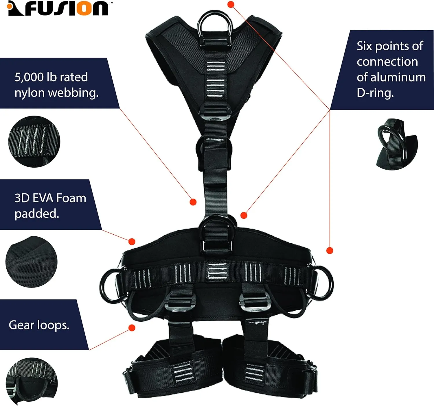 Fusion Climb Tac Rescue Tactical Full Body Eva Padded Heavy Duty Adjustable Zipline Harness 23kn