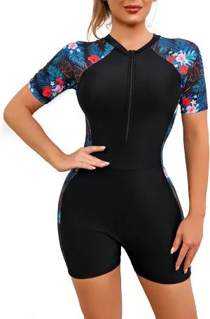 FYMNSI Women Zipper Rash Guard Sleeves Sun Protection Surf Rashguard Boyleg One Piece Sport Swimsuits Padded Bathing Suits