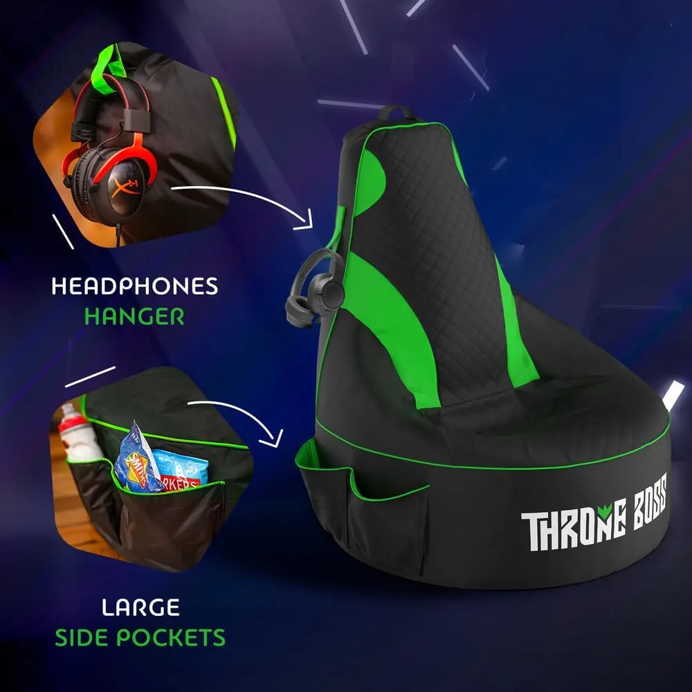 Gaming Bean Bag Chair for Adults and Teens [Cover ONLY No Filling] - High Back Beanbag or Dorm Chair with Cup Holder for Gamers (Black/Green)