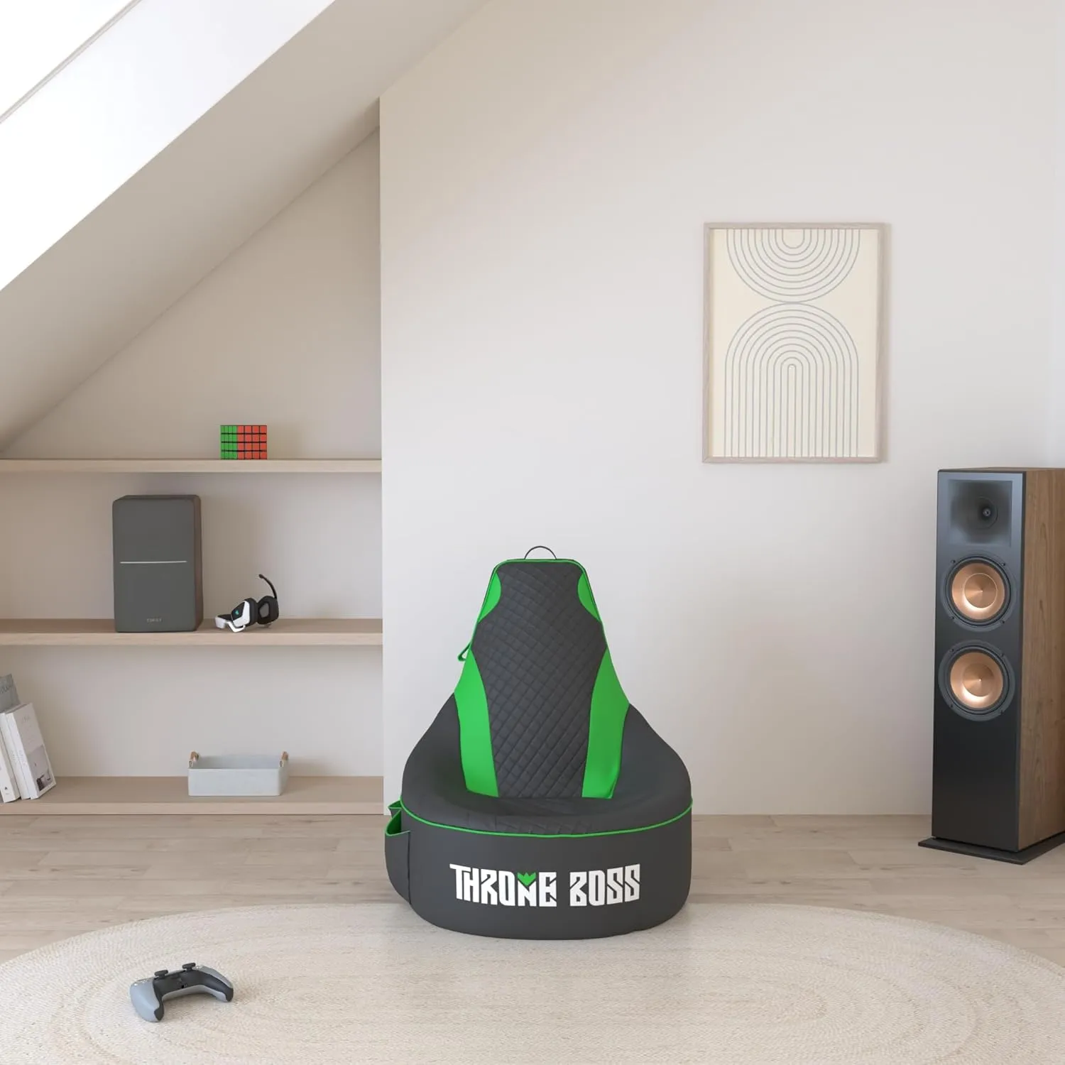 Gaming Bean Bag Chair for Adults and Teens [Cover ONLY No Filling] - High Back Beanbag or Dorm Chair with Cup Holder for Gamers (Black/Green)