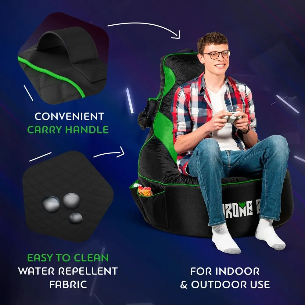 Gaming Bean Bag Chair for Adults and Teens [Cover ONLY No Filling] - High Back Beanbag or Dorm Chair with Cup Holder for Gamers (Black/Green)