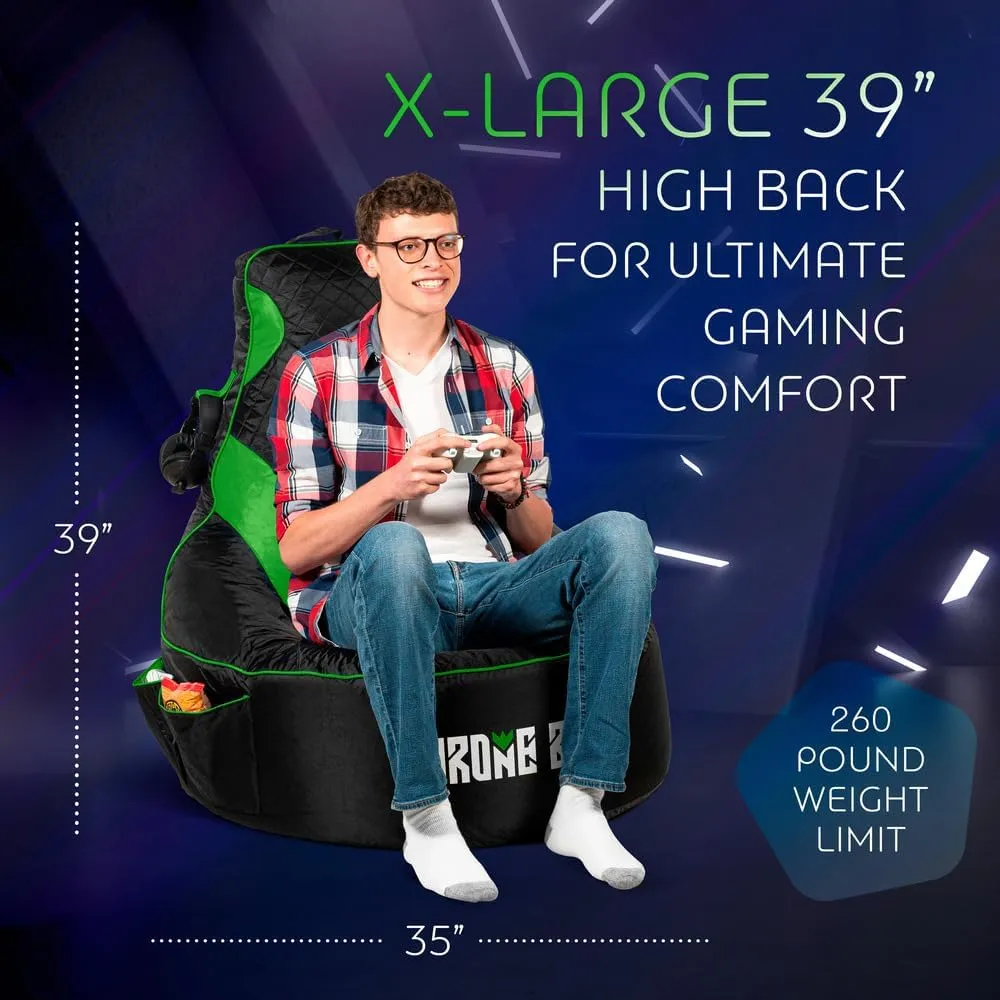 Gaming Bean Bag Chair for Adults and Teens [Cover ONLY No Filling] - High Back Beanbag or Dorm Chair with Cup Holder for Gamers (Black/Green)