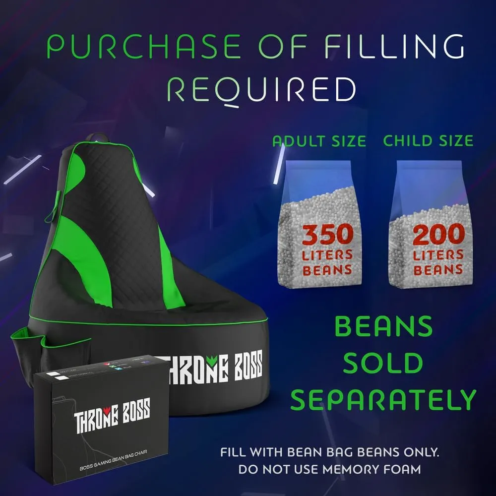 Gaming Bean Bag Chair for Adults and Teens [Cover ONLY No Filling] - High Back Beanbag or Dorm Chair with Cup Holder for Gamers (Black/Green)