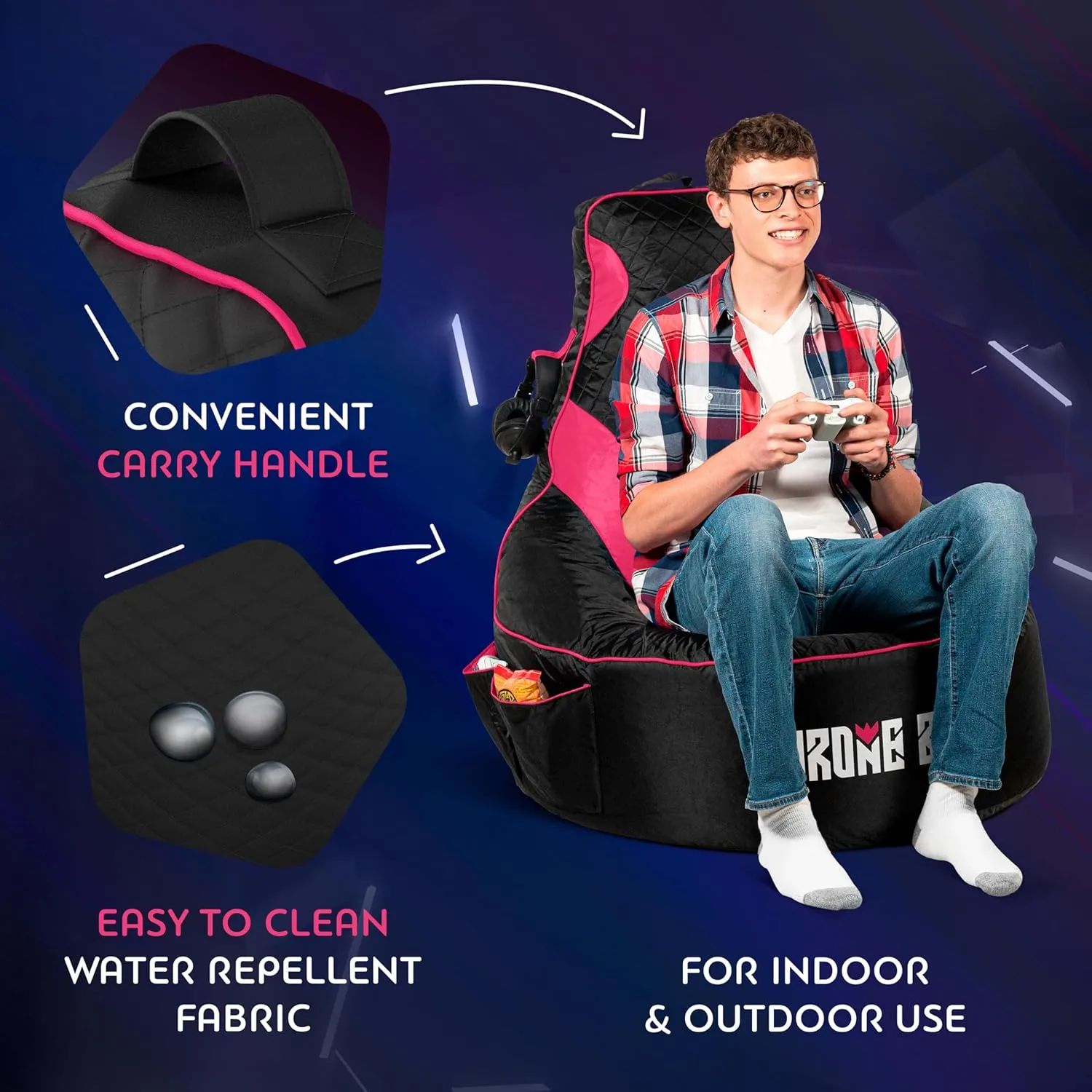 Gaming Bean Bag Chair for Adults and Teens [Cover ONLY No Filling] - High Back Beanbag or Dorm Chair with Cup Holder for Gamers (Black/Pink)