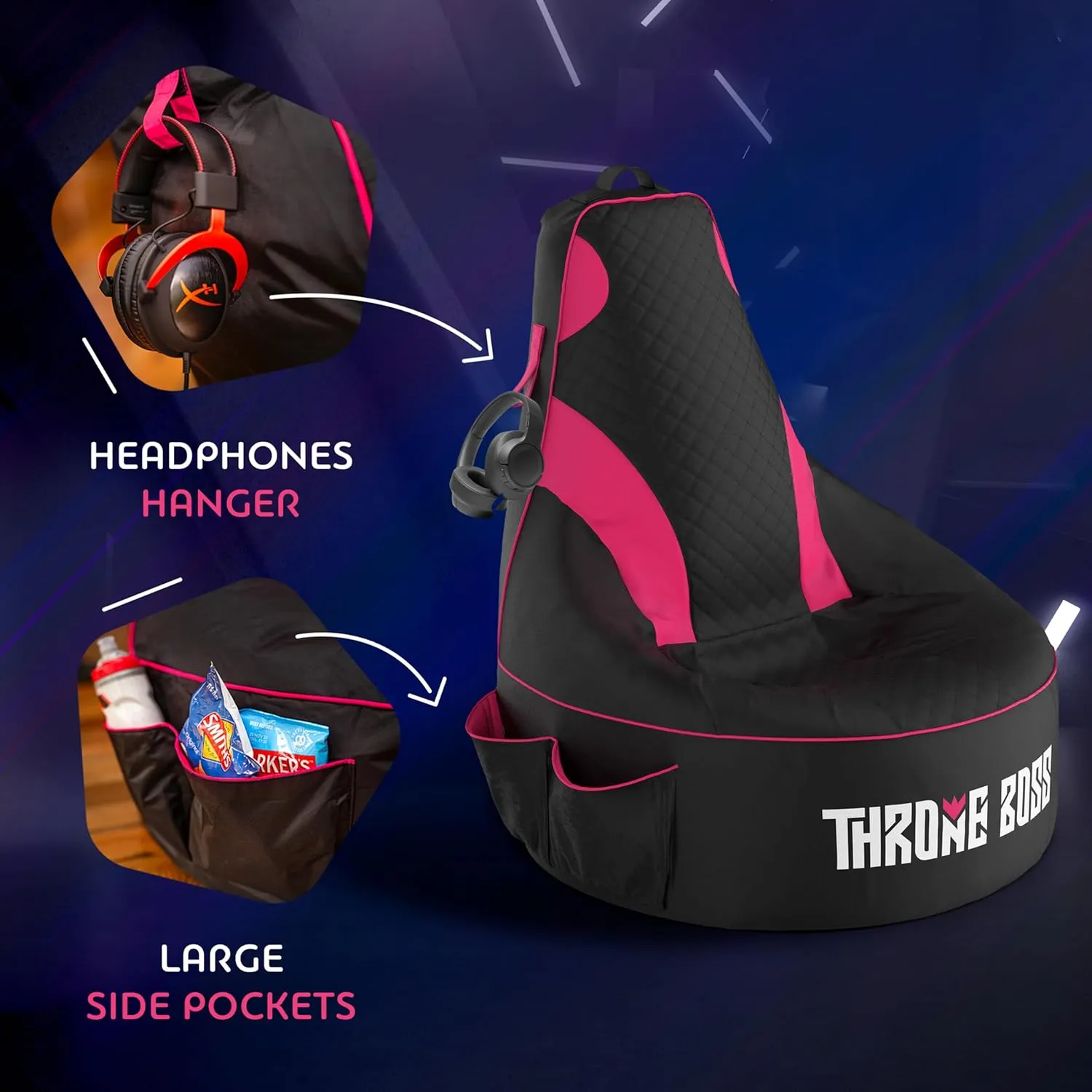 Gaming Bean Bag Chair for Adults and Teens [Cover ONLY No Filling] - High Back Beanbag or Dorm Chair with Cup Holder for Gamers (Black/Pink)