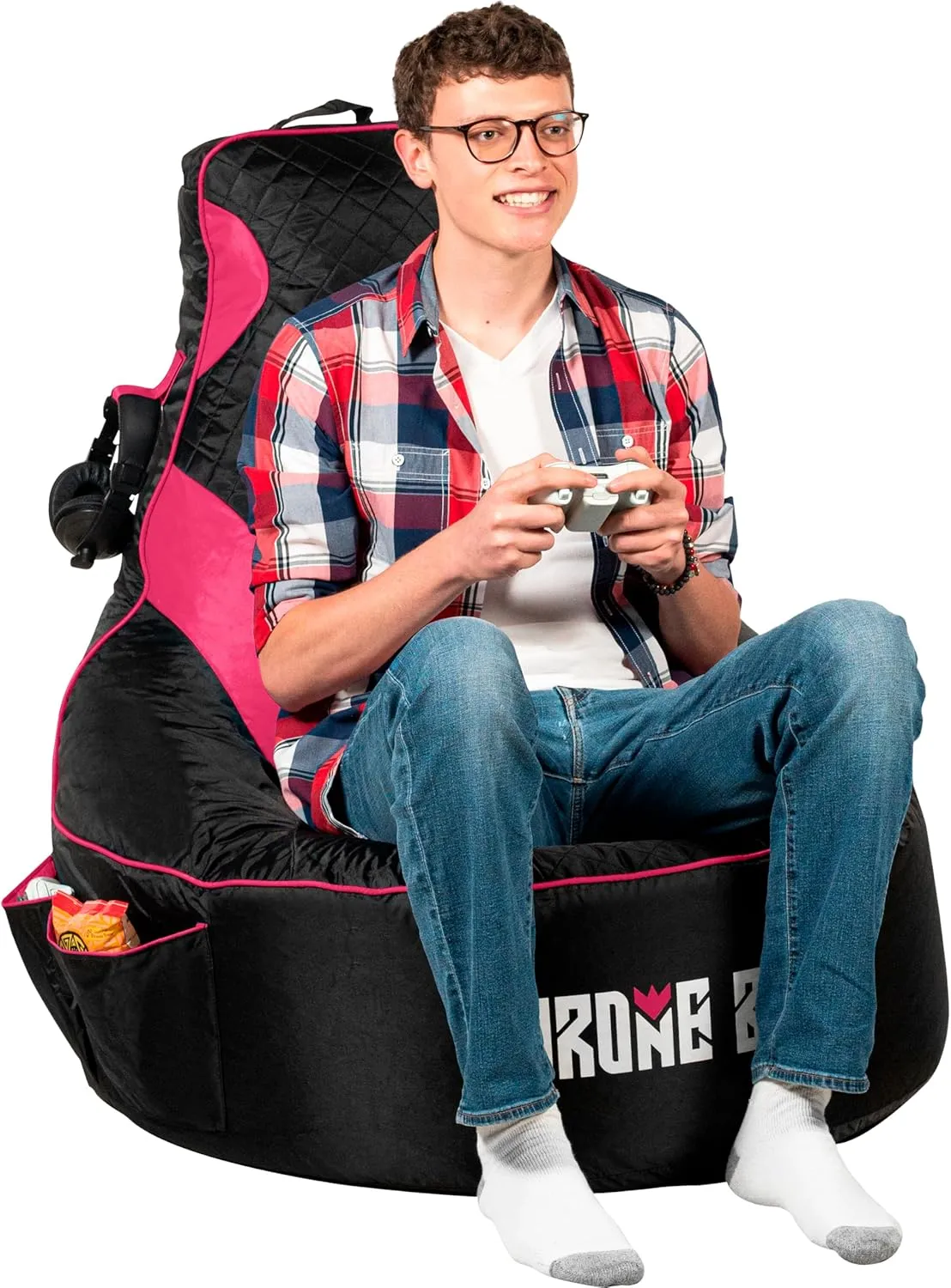 Gaming Bean Bag Chair for Adults and Teens [Cover ONLY No Filling] - High Back Beanbag or Dorm Chair with Cup Holder for Gamers (Black/Pink)