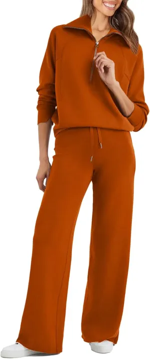 Glamaker Womens 2 Piece Outfits Sweatsuit Set Oversized Half Zip Sweatshirt Wide Leg Sweatpants Lounge Set Tracksuit