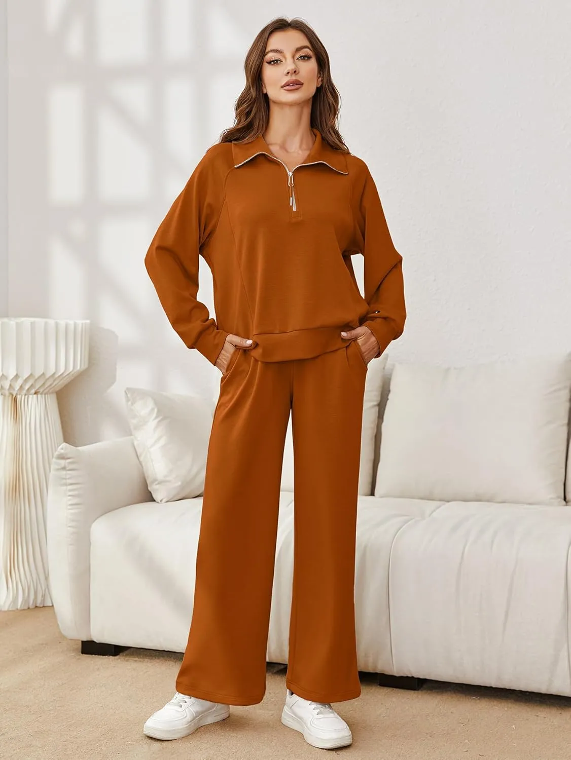 Glamaker Womens 2 Piece Outfits Sweatsuit Set Oversized Half Zip Sweatshirt Wide Leg Sweatpants Lounge Set Tracksuit