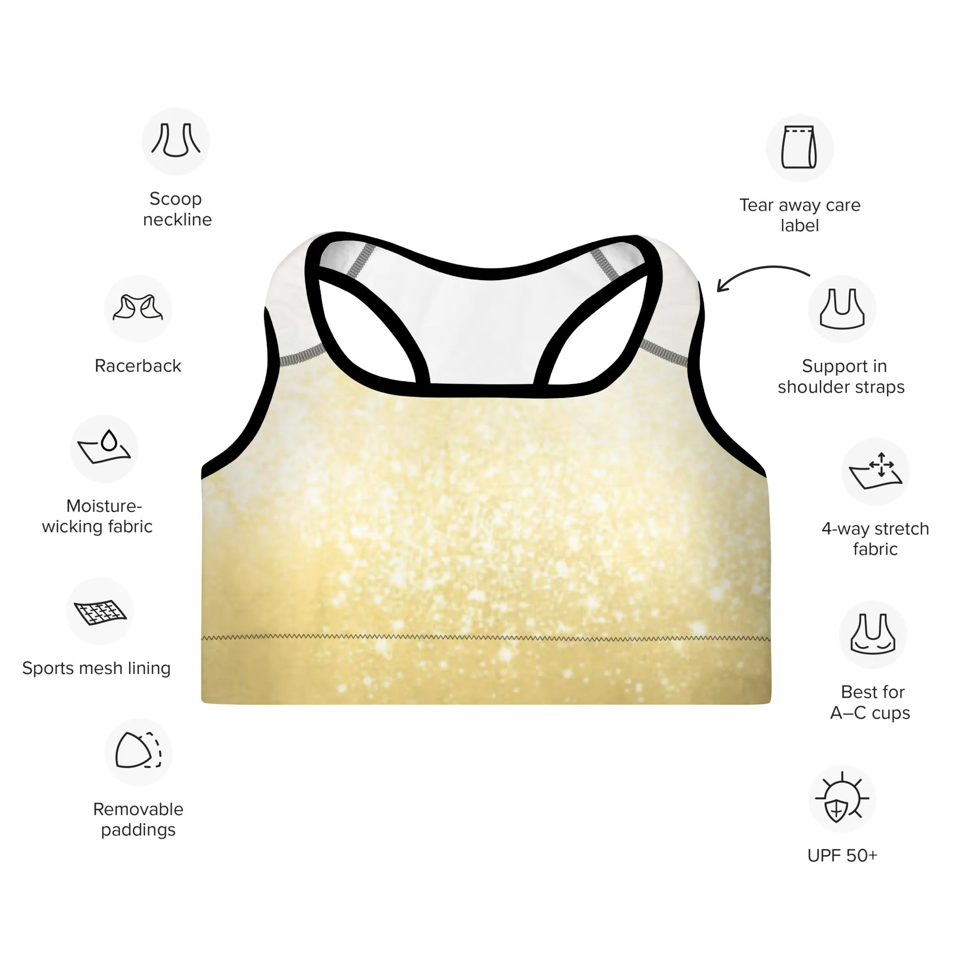 Gold and White Print Padded Sports Bra (black or white outline)
