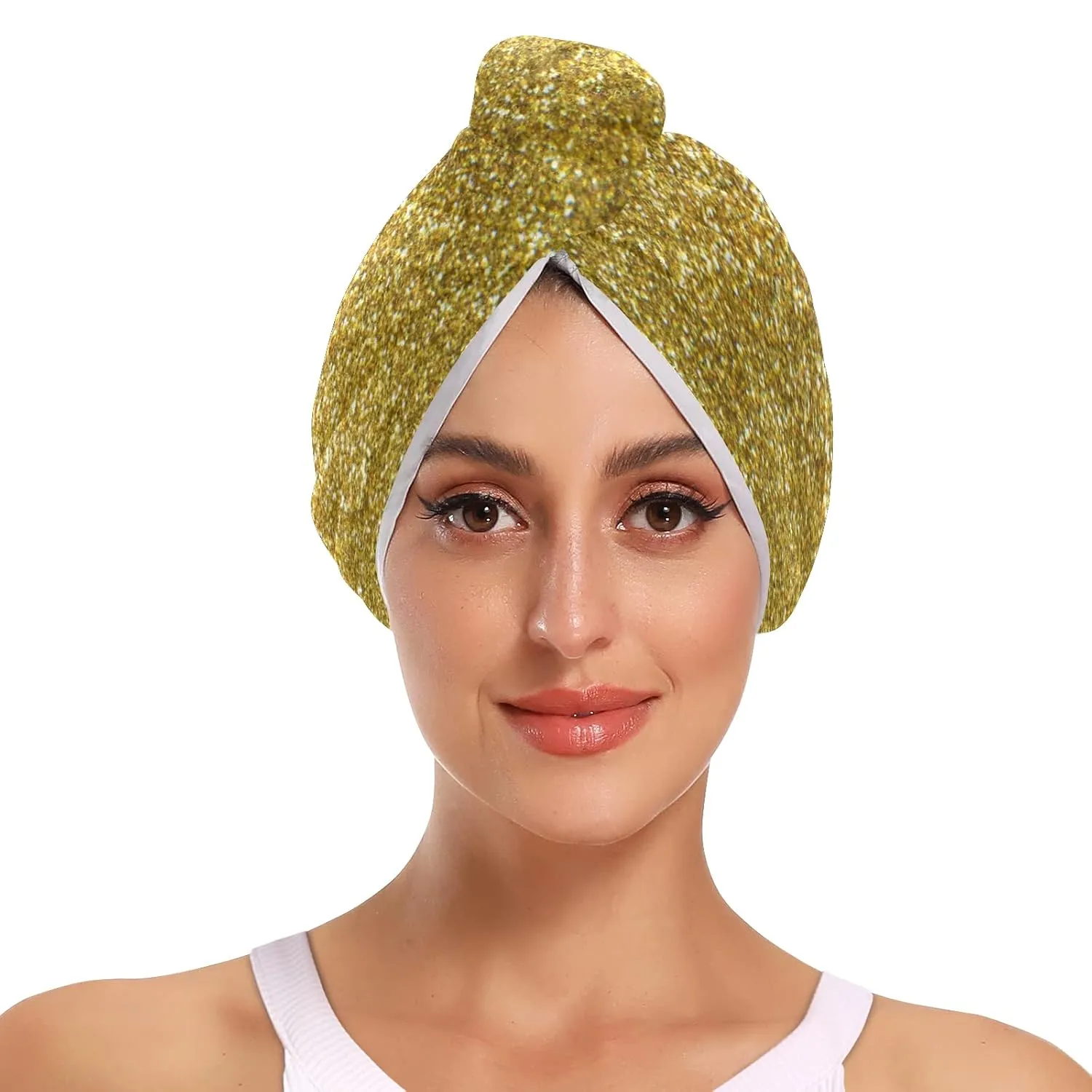 Golden Shiny Gold Glittering Background Yellow Holiday Tinsel 2 Packs Hair Towel Wrap, Absorbent Turban Bath Hair Towel Hat, Quick Drying Hair Towel with Button for Curly, Long, Thick Hair