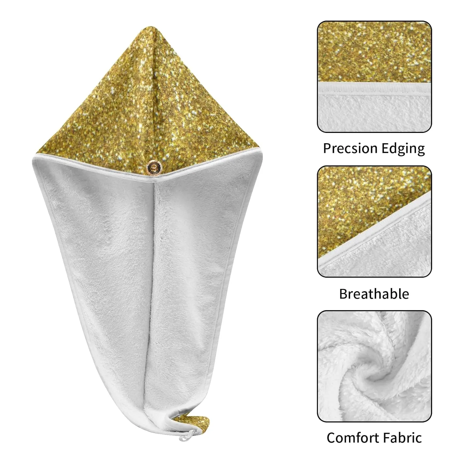 Golden Shiny Gold Glittering Background Yellow Holiday Tinsel 2 Packs Hair Towel Wrap, Absorbent Turban Bath Hair Towel Hat, Quick Drying Hair Towel with Button for Curly, Long, Thick Hair