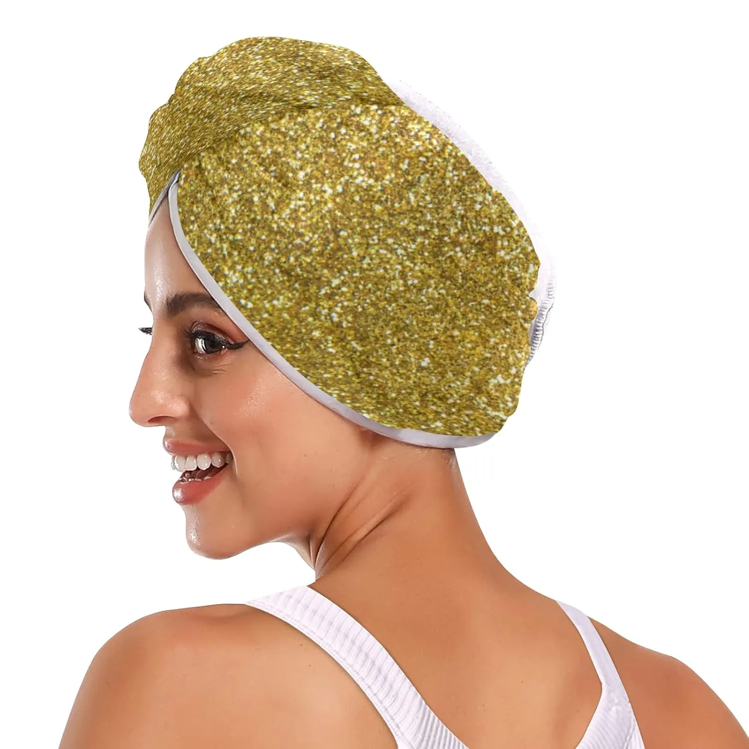 Golden Shiny Gold Glittering Background Yellow Holiday Tinsel 2 Packs Hair Towel Wrap, Absorbent Turban Bath Hair Towel Hat, Quick Drying Hair Towel with Button for Curly, Long, Thick Hair