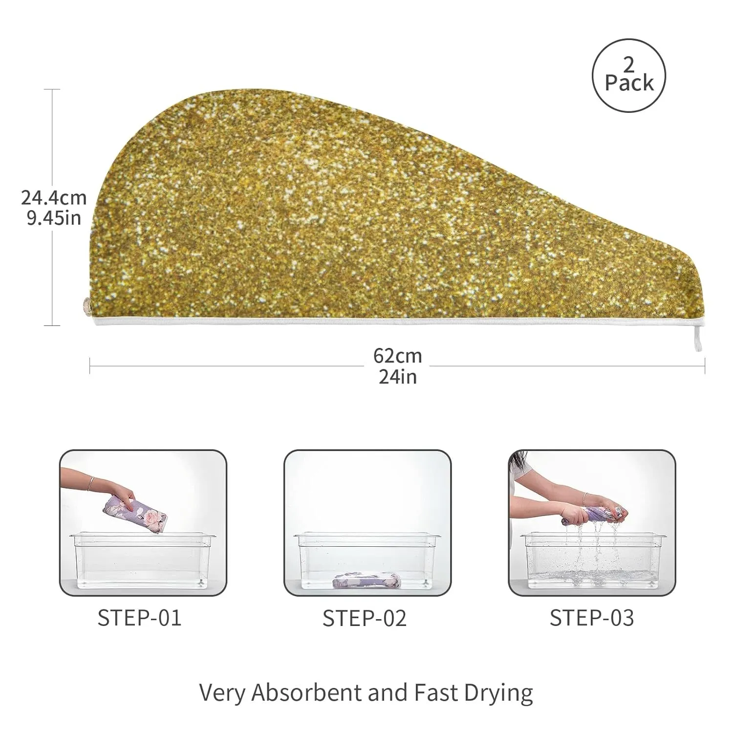 Golden Shiny Gold Glittering Background Yellow Holiday Tinsel 2 Packs Hair Towel Wrap, Absorbent Turban Bath Hair Towel Hat, Quick Drying Hair Towel with Button for Curly, Long, Thick Hair