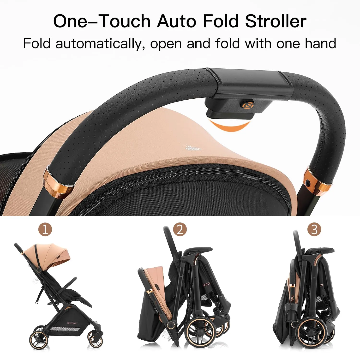 Gravity Folding Baby Stroller - Portable Travel Toddler Stroller w/Adjustable Backrest & Canopy, Lightweight and UV Protected, One-Hand Automatic Folding - Khaki