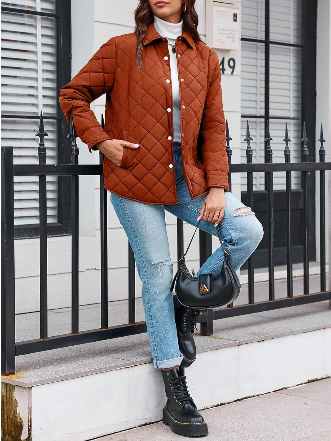 Grlasen Women's Lightweight Quilted Jacket Stand Collar Single-breasted Long Sleeve Warm Oversized Coat with Pockets