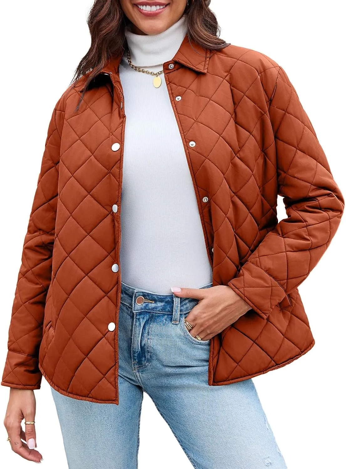 Grlasen Women's Lightweight Quilted Jacket Stand Collar Single-breasted Long Sleeve Warm Oversized Coat with Pockets