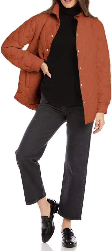 Grlasen Women's Lightweight Quilted Jacket Stand Collar Single-breasted Long Sleeve Warm Oversized Coat with Pockets