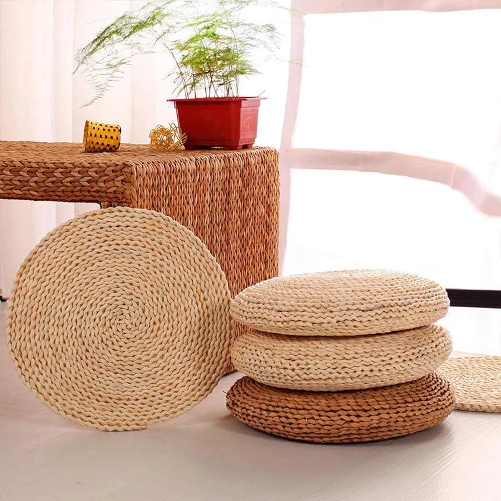 Handcrafted Eco-Friendly Breathable Padded Knitted Straw Flat Seat Cushion/Straw futon Cushion (Round Silk Wadding Filling 45cm(17.72in) 1 pcs
