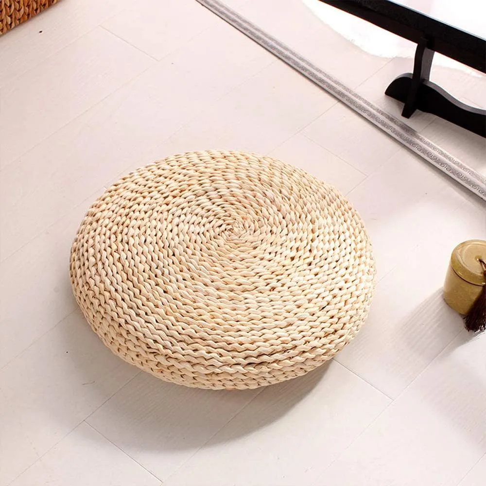 Handcrafted Eco-Friendly Breathable Padded Knitted Straw Flat Seat Cushion/Straw futon Cushion (Round Silk Wadding Filling 45cm(17.72in) 1 pcs