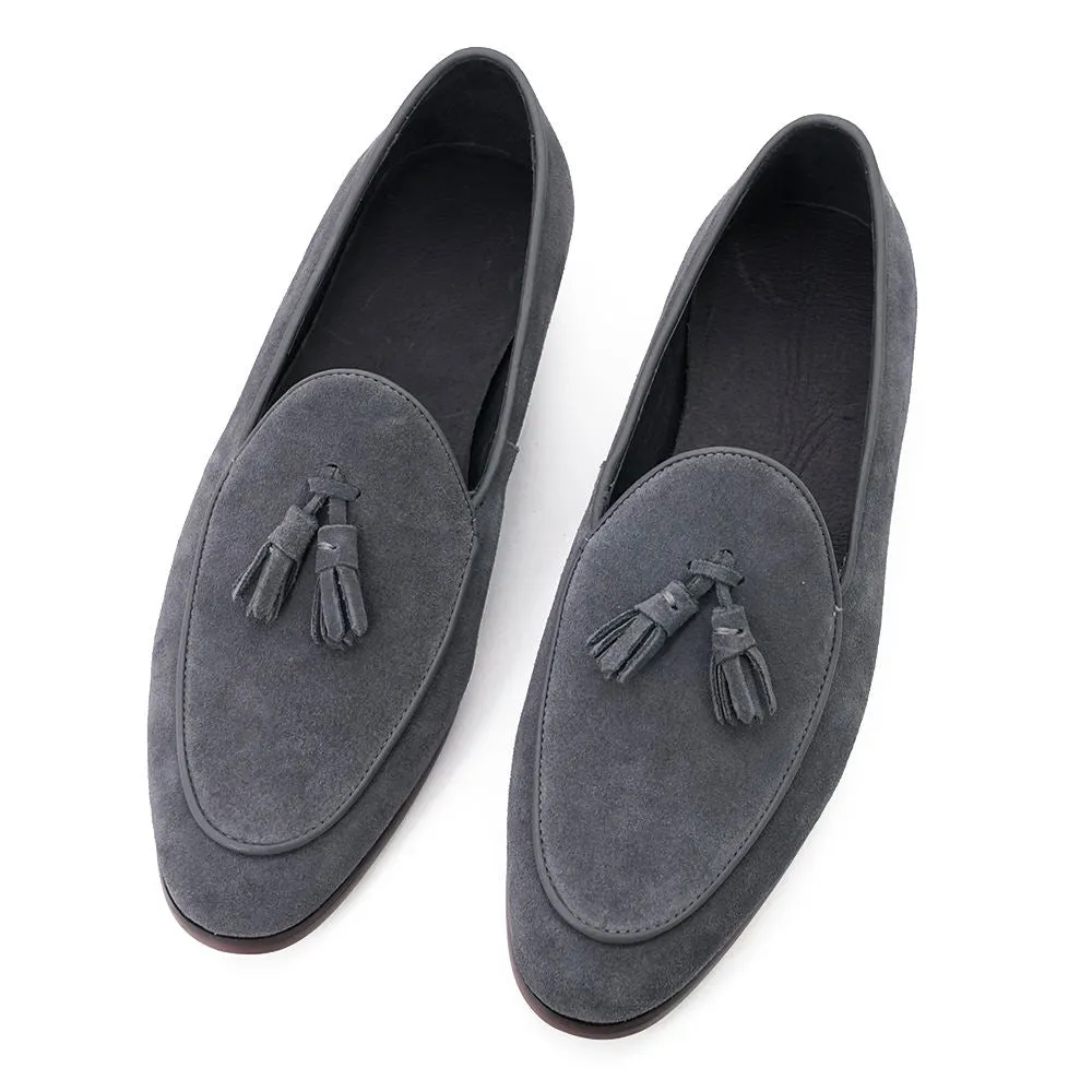 Handmade Men's Full Grain Suede Tassel Loafers - Elegant Casual Shoes