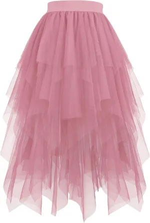 Hanpceirs Women's Tulle Skirts High Low Layered A-line Midi Skirt Irregular Tutu for Women