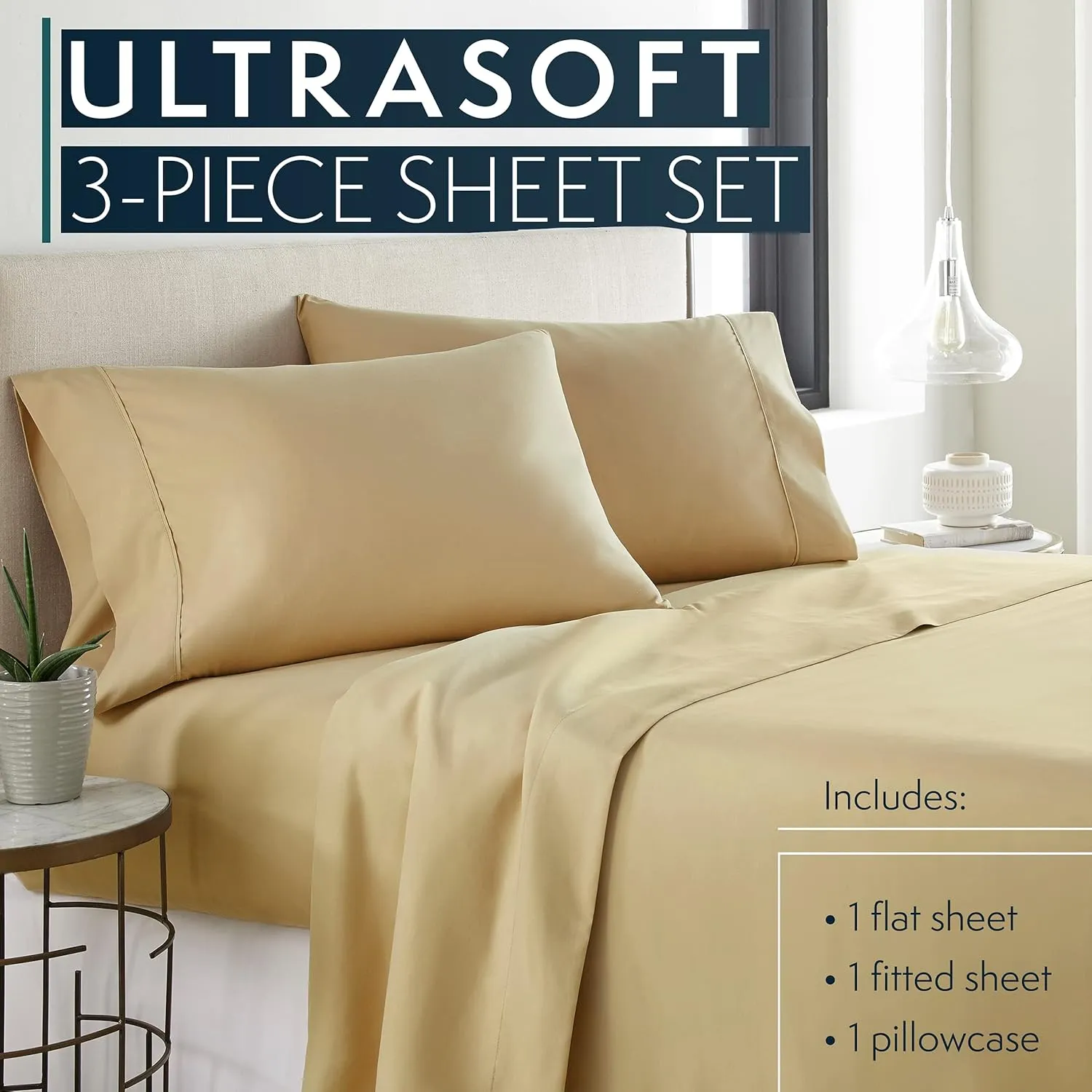 HC COLLECTION Twin Sheets Set, 3 pc Bed Sheets & Pillowcase Set - Machine Washable for Easy Care - Soft & Breathable All Season Microfiber Sheets with Deep Pockets - Beige
