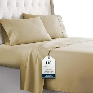 HC COLLECTION Twin Sheets Set, 3 pc Bed Sheets & Pillowcase Set - Machine Washable for Easy Care - Soft & Breathable All Season Microfiber Sheets with Deep Pockets - Beige