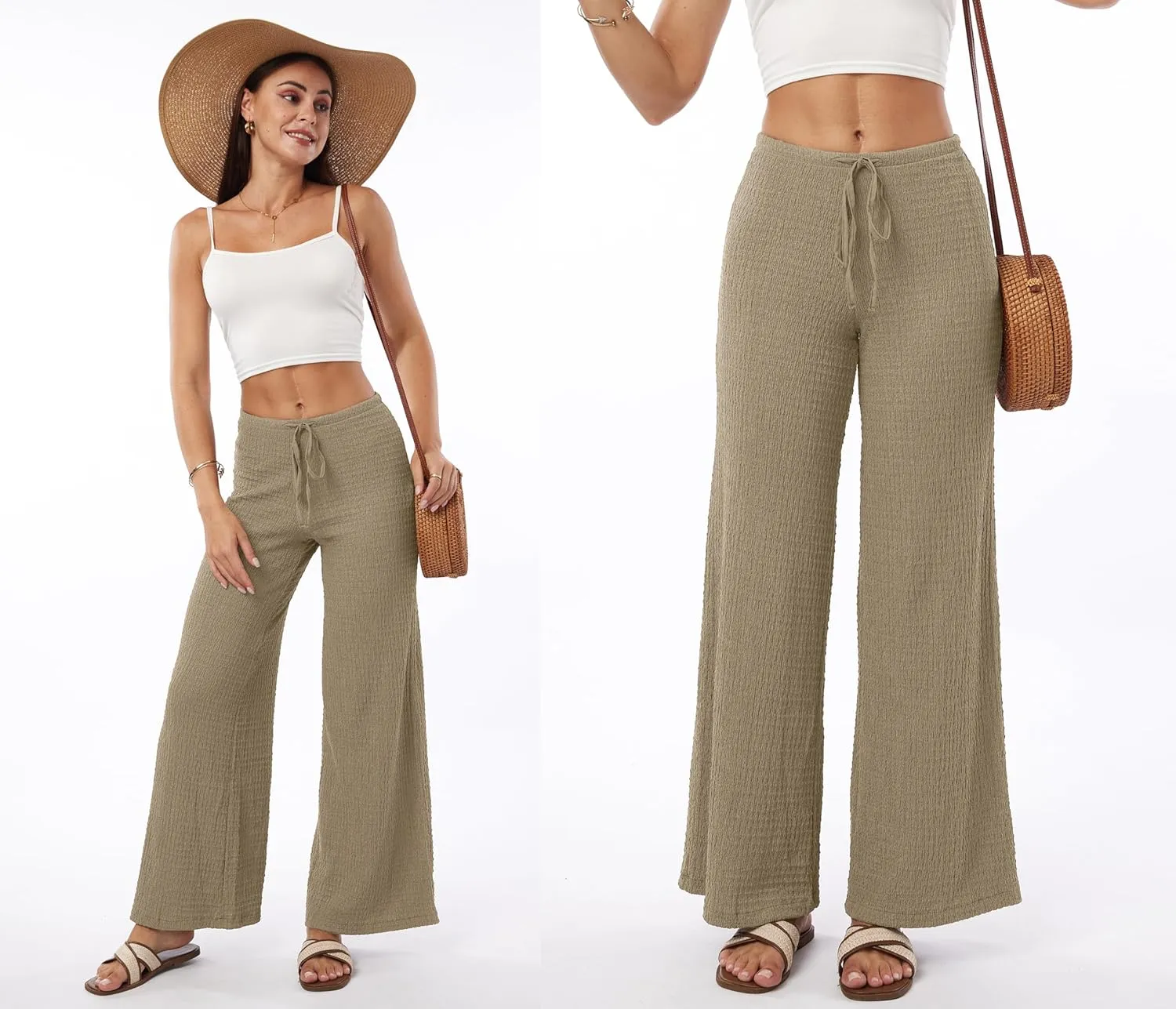 heipeiwa Women's Smocked Pants Textured Wide Straight Leg Trouser Casual Lounge Pant 2025 Beach Travel Vacation Outfits