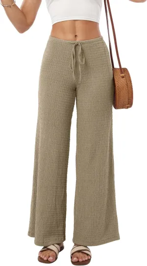 heipeiwa Women's Smocked Pants Textured Wide Straight Leg Trouser Casual Lounge Pant 2025 Beach Travel Vacation Outfits