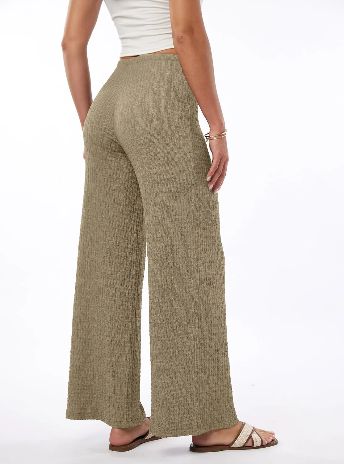 heipeiwa Women's Smocked Pants Textured Wide Straight Leg Trouser Casual Lounge Pant 2025 Beach Travel Vacation Outfits
